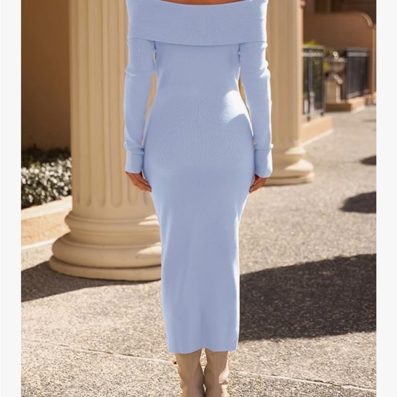 Blue Ribbed Off-Shoulder Bodycon Dress - Picture 2 of 2